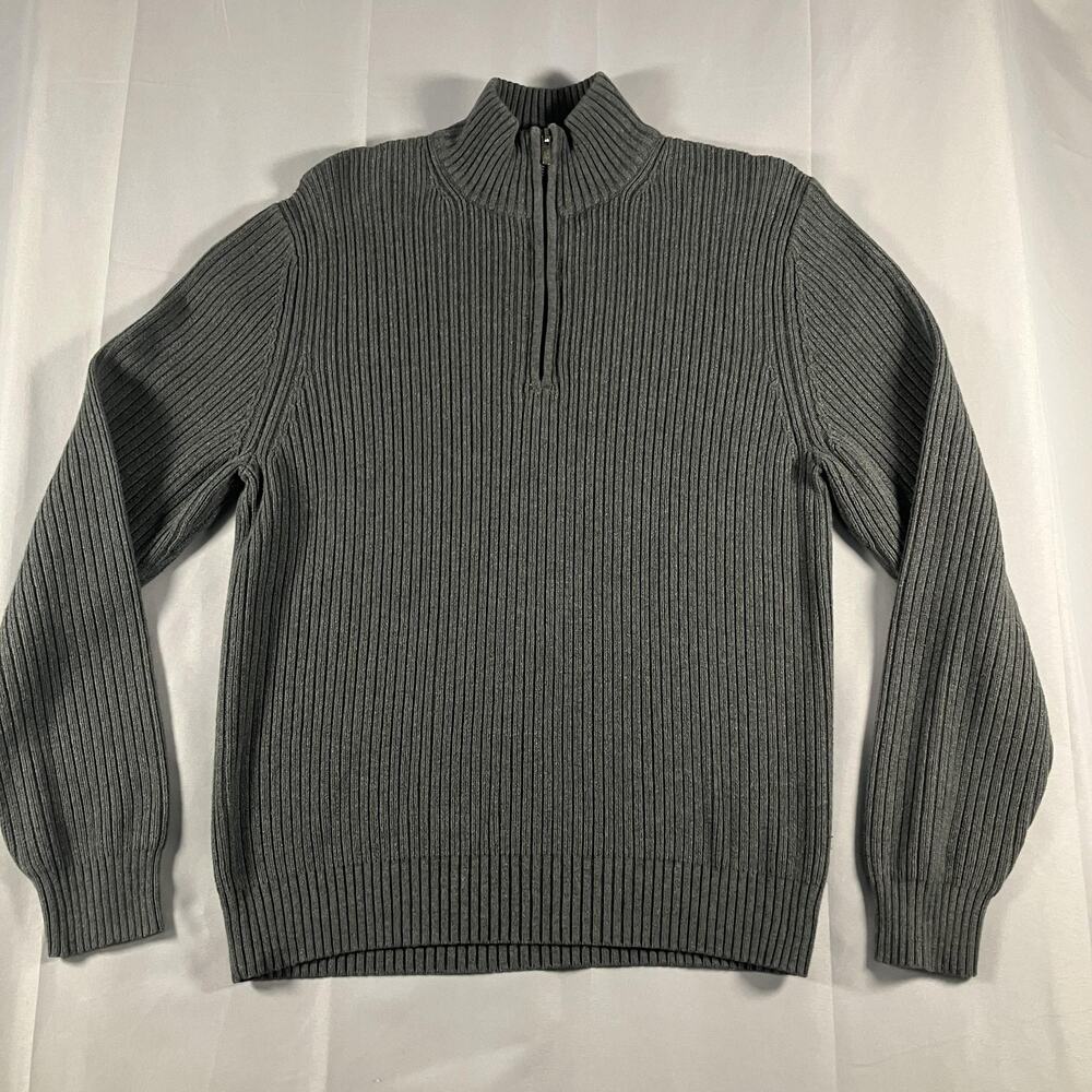 Calvin Klein Sweater Mens Large Gray Ribbed‎ 100% Cotton Half Zip Pullover CK